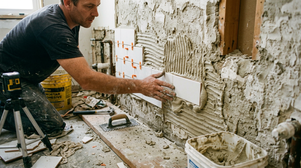 Tile installation on uneven bathroom wall, thick adhesive